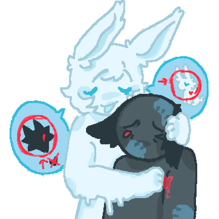  A drawing of a white rabbit person holding a dark grey wolf persons head and putting a hand on grey wolfs heart. The rabbit person has a calm expression while the wolf person looks extremely distressed. There are faded blue paw prints of the wolfs head , face and arm. there are blue speech bubbles around the rabbit that have drawings of a black wolf with a ex over its heart and a white rabbit looking sad with a red circle around it.